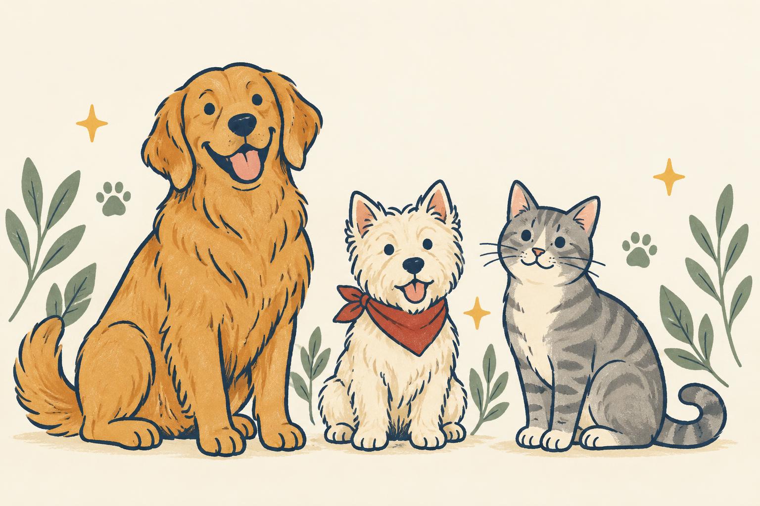 A happy golden dog, little terrier and striped cat, illustrated by hand